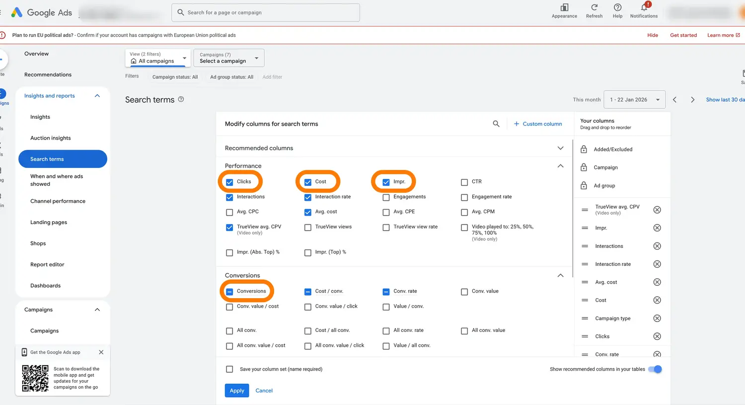 Select required columns in Google Ads